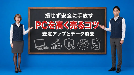 ノートパソコンを高く売るコツとデータ消去を七海と大介が案内している様子