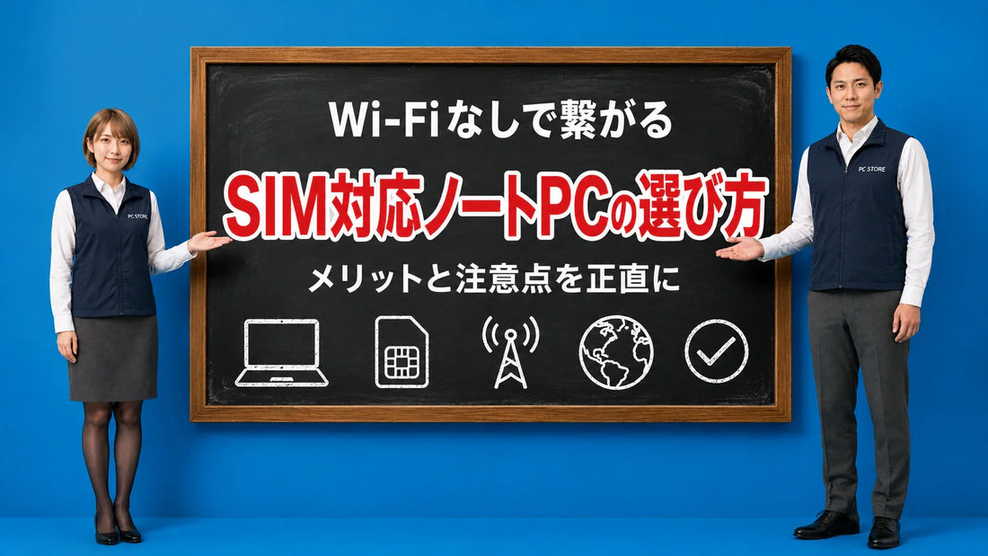 SIMフリーやeSIM対応ノートパソコンの選び方とメリット注意点を七海と大介が案内している様子
