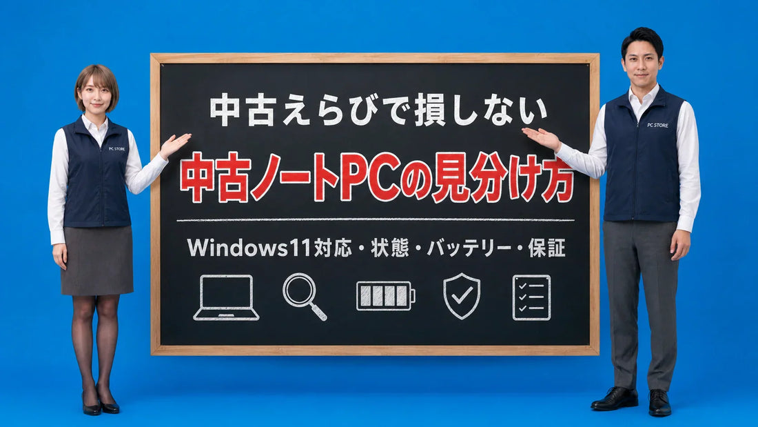 中古ノートパソコンで失敗しない見分け方を七海と大介が案内している様子