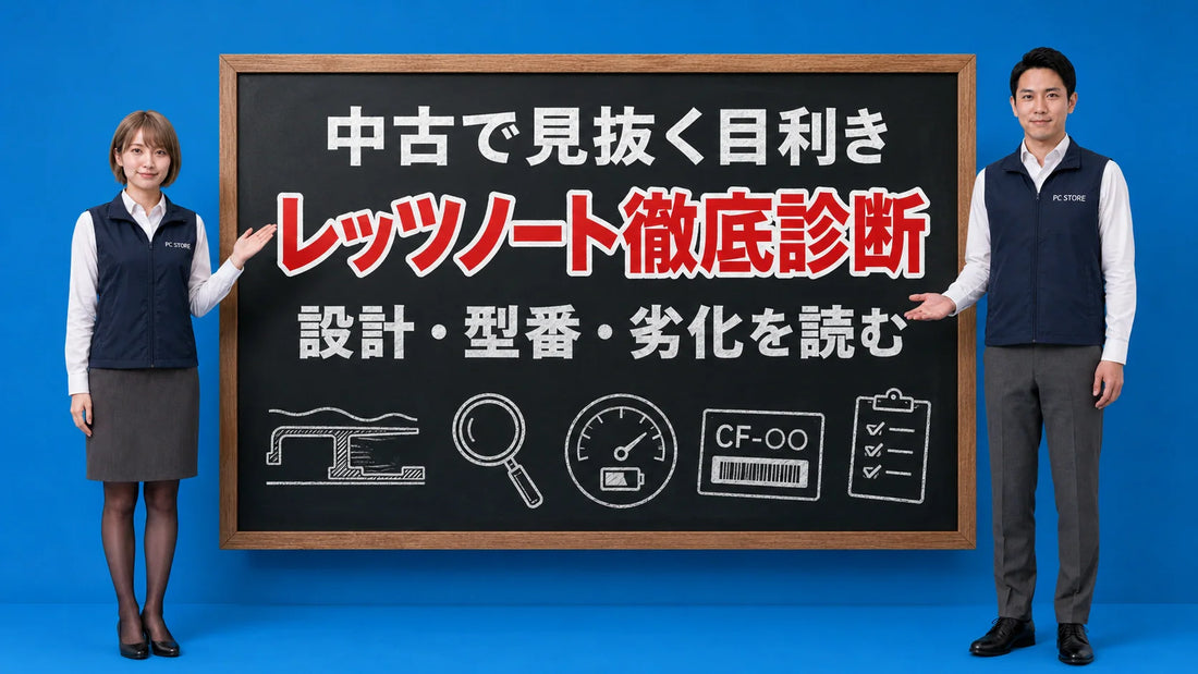 中古レッツノートの設計・型番・劣化診断の目利きを七海と大介が案内している様子