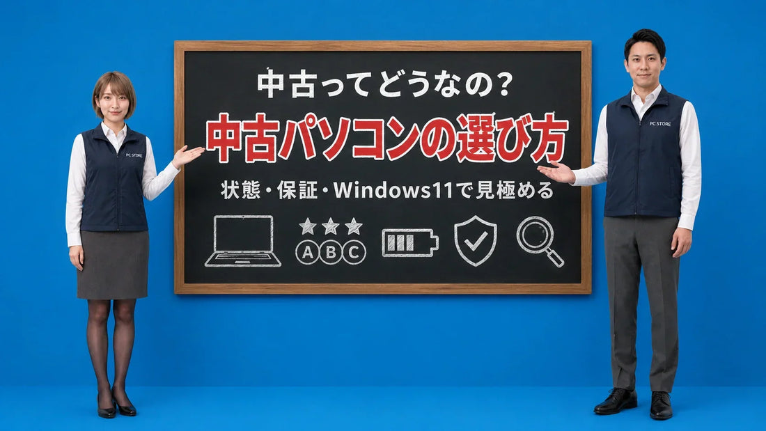中古パソコンの選び方を状態と保証とWindows11の視点で七海と大介が案内している様子
