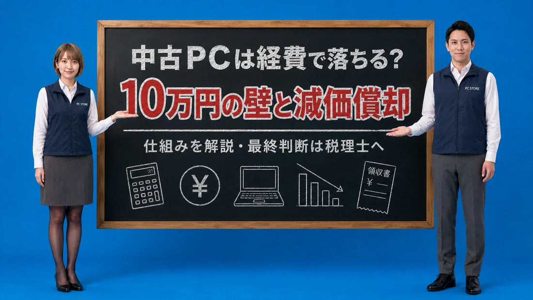 中古パソコンは経費で落ちるか10万円の壁と減価償却を七海と大介が案内している様子