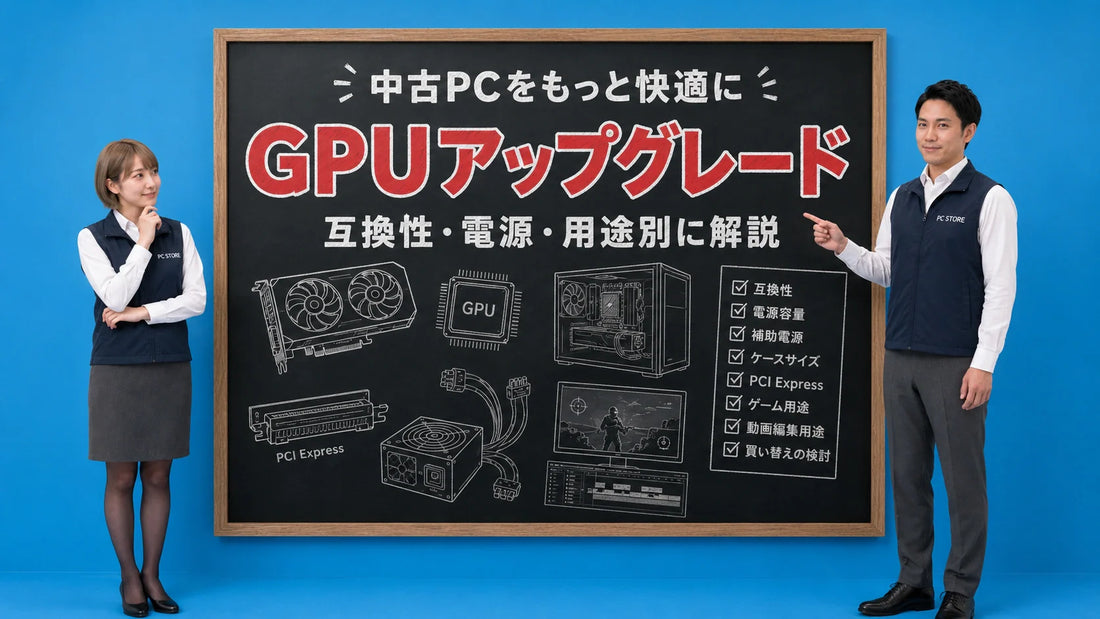 中古パソコンのグラフィックボードアップグレードを案内する井上七海と坂本大介のアイキャッチ画像