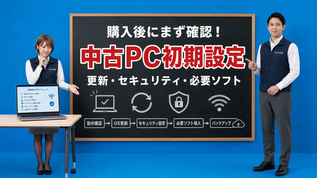 中古パソコン購入後の初期設定と必要ソフトを案内する七海と大介