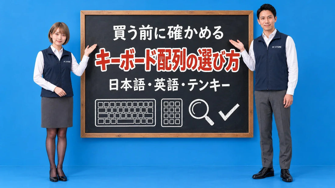 中古パソコンのキーボード配列の選び方について七海と大介が黒板で案内するアイキャッチ画像