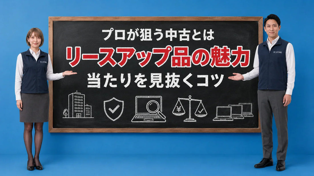 中古PCのプロがリースアップ品を狙う理由と見抜くコツを七海と大介が案内している様子