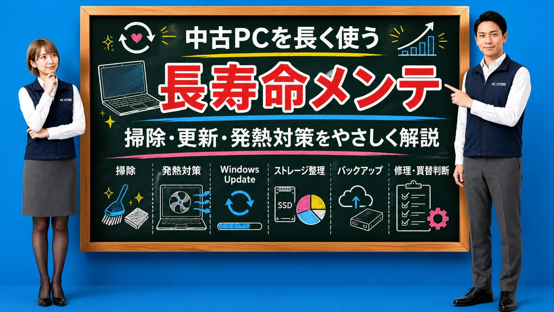 中古パソコンを長く使うためのメンテナンス方法を案内する井上七海と坂本大介のアイキャッチ画像
