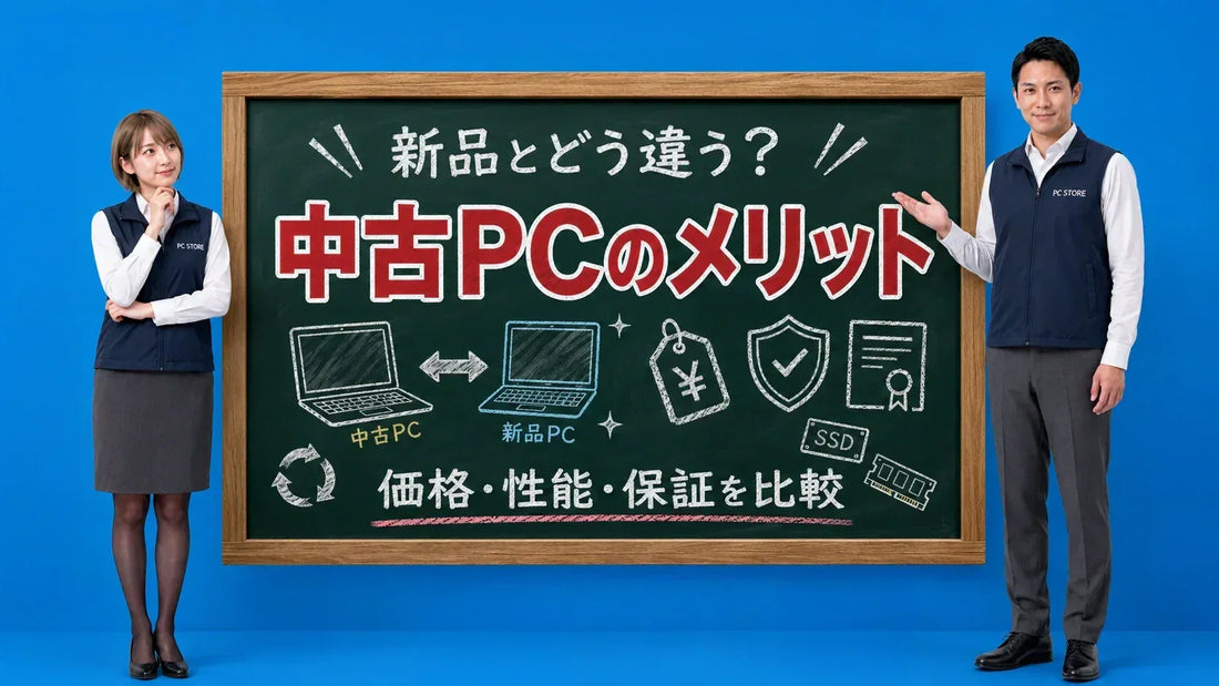 中古パソコンのメリットと新品との違いを七海と大介が黒板で比較解説するPC STOREブログのアイキャッチ画像