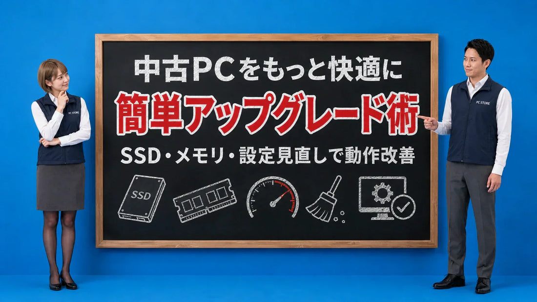 中古パソコンのパフォーマンス向上法を案内する井上七海と坂本大介のアイキャッチ画像