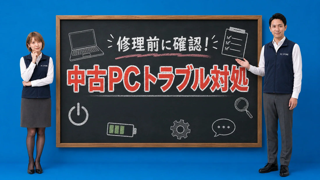 中古パソコン修理の前に自分でできるトラブルシューティングを七海と大介が黒板で解説するPC STOREブログのアイキャッチ画像