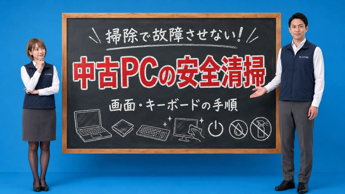 中古パソコンの安全なクリーニング方法を七海と大介が黒板で解説するPC STOREブログのアイキャッチ画像