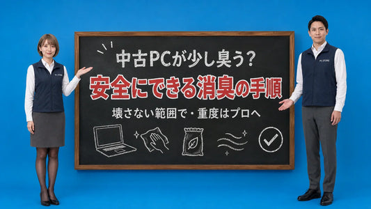 中古PCのタバコ臭を壊さず安全に和らげる方法を七海と大介が案内している様子