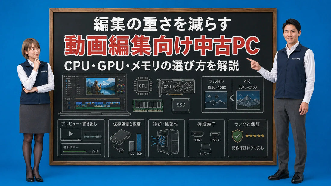 中古パソコンで動画編集を快適に行うためのポイントを七海と大介が案内しているPC STOREブログ用アイキャッチ画像