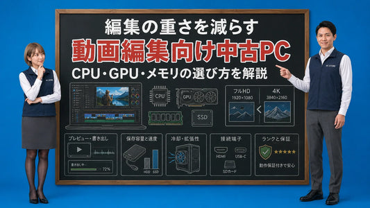 中古パソコンで動画編集を快適に行うためのポイントを七海と大介が案内しているPC STOREブログ用アイキャッチ画像