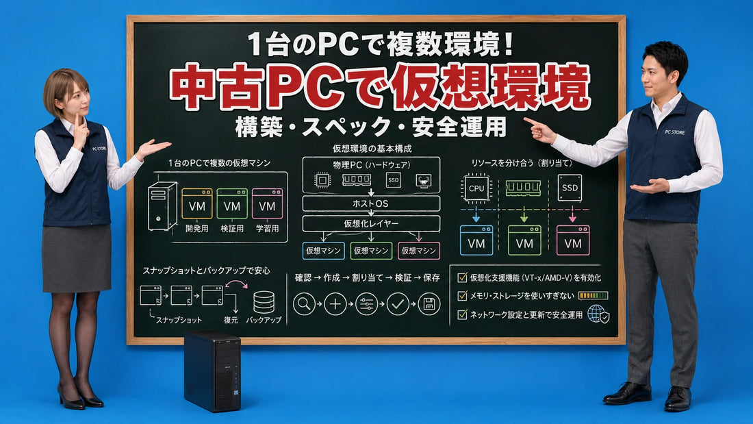 中古パソコンで仮想環境の構築と運用方法を七海と大介が案内しているブログ記事用アイキャッチ画像