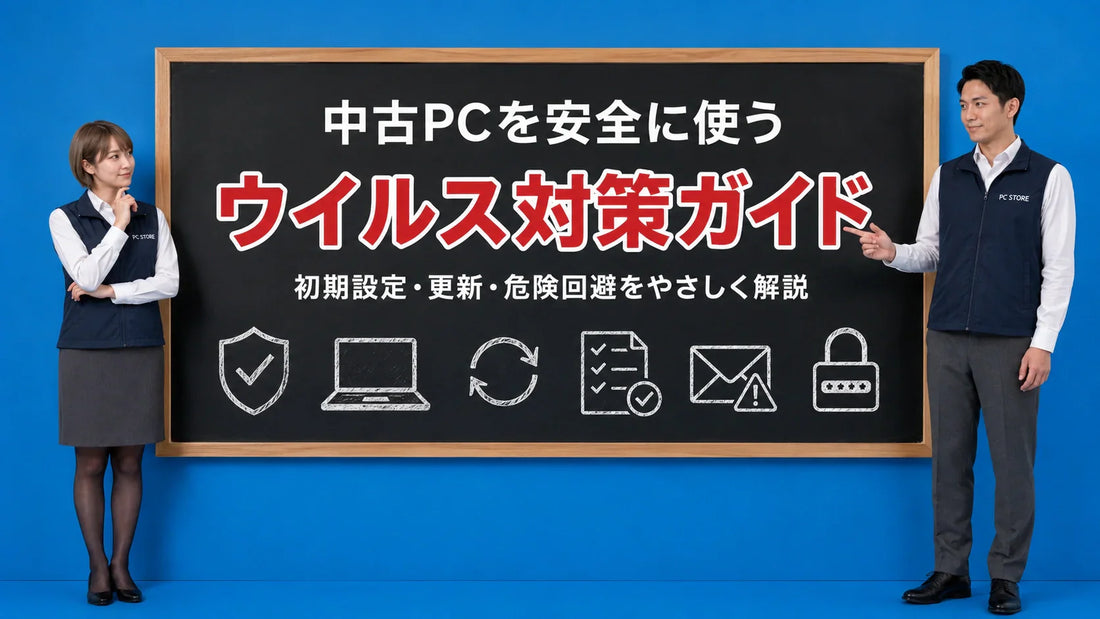 中古パソコンのウイルス対策と安全な使い方を案内する井上七海と坂本大介のアイキャッチ画像