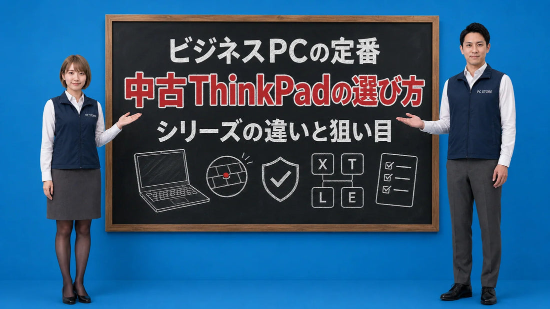 中古ThinkPadのシリーズの違いと選び方を七海と大介が案内している様子