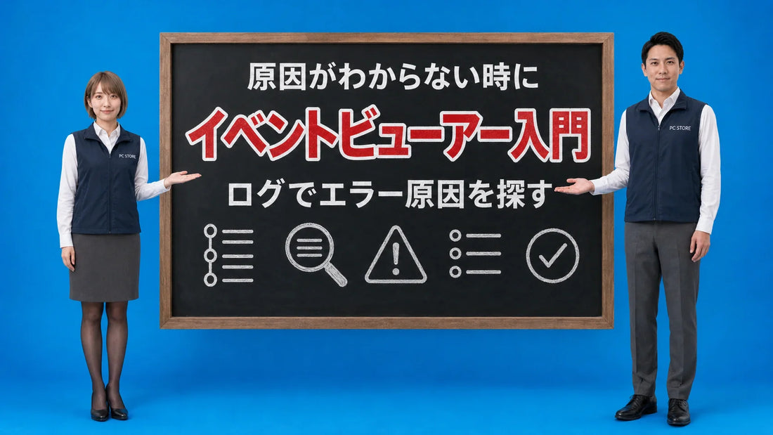 Windowsのイベントビューアーでエラー原因を調べる方法を七海と大介が案内している様子