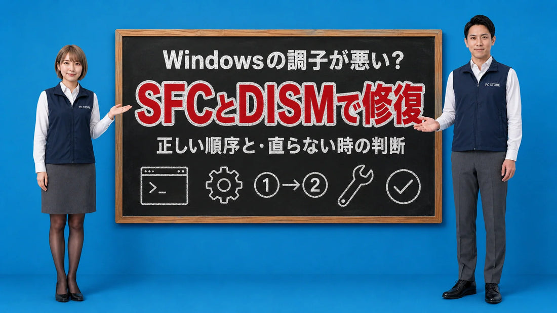 WindowsのSFCとDISMでシステムファイルの破損を直す手順を七海と大介が案内している様子
