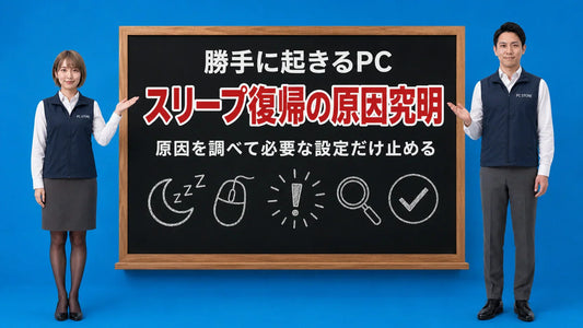 Windows PCが勝手にスリープ復帰する原因の調べ方と止め方を七海と大介が案内している様子