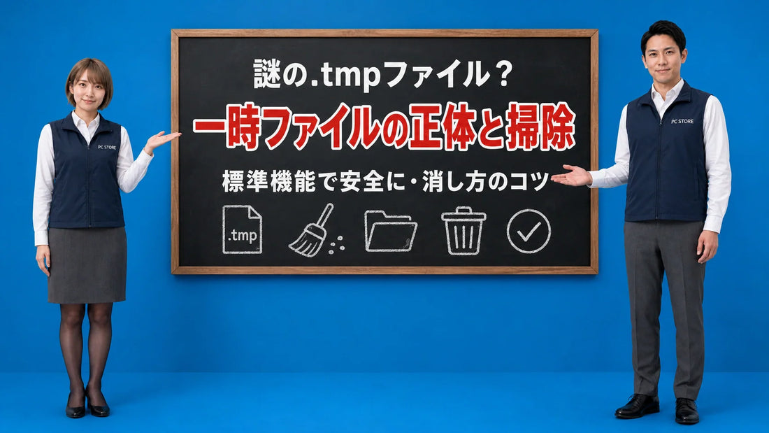 PCの一時ファイル（.tmp）を標準機能で安全に掃除する方法を七海と大介が案内している様子