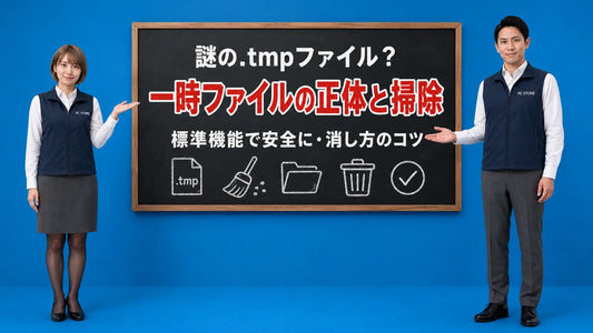 PCの一時ファイル（.tmp）を標準機能で安全に掃除する方法を七海と大介が案内している様子