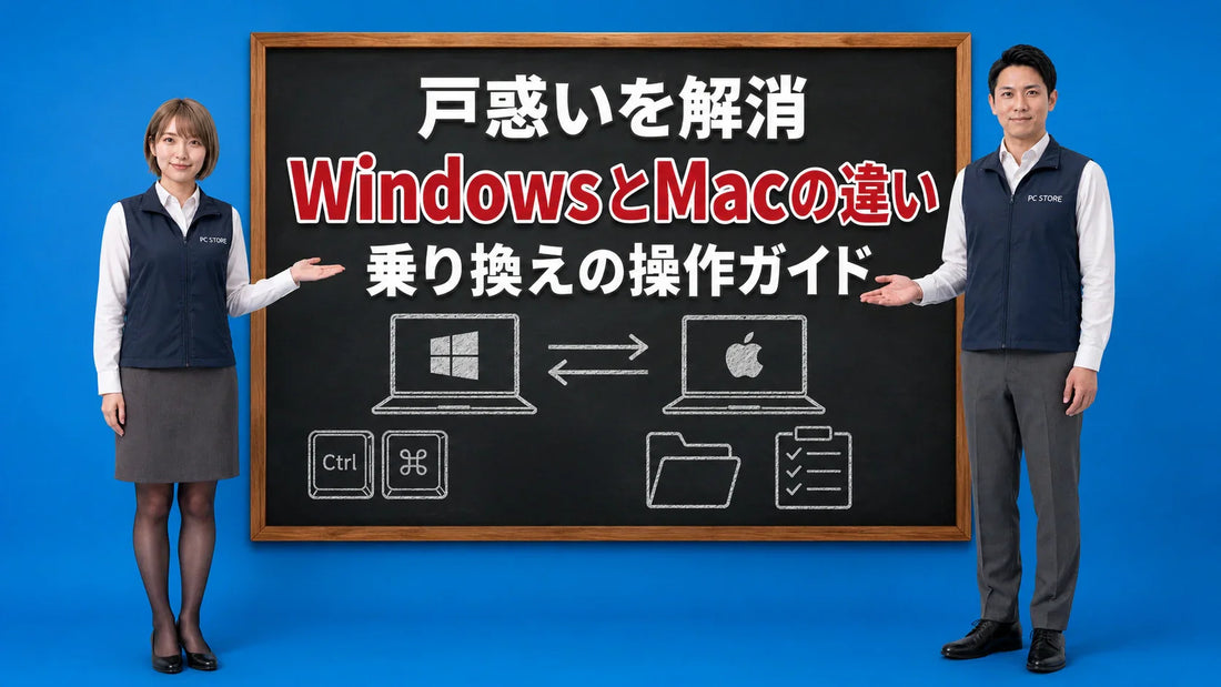 WindowsからMacへの乗り換えの操作の違いを七海と大介が案内している様子