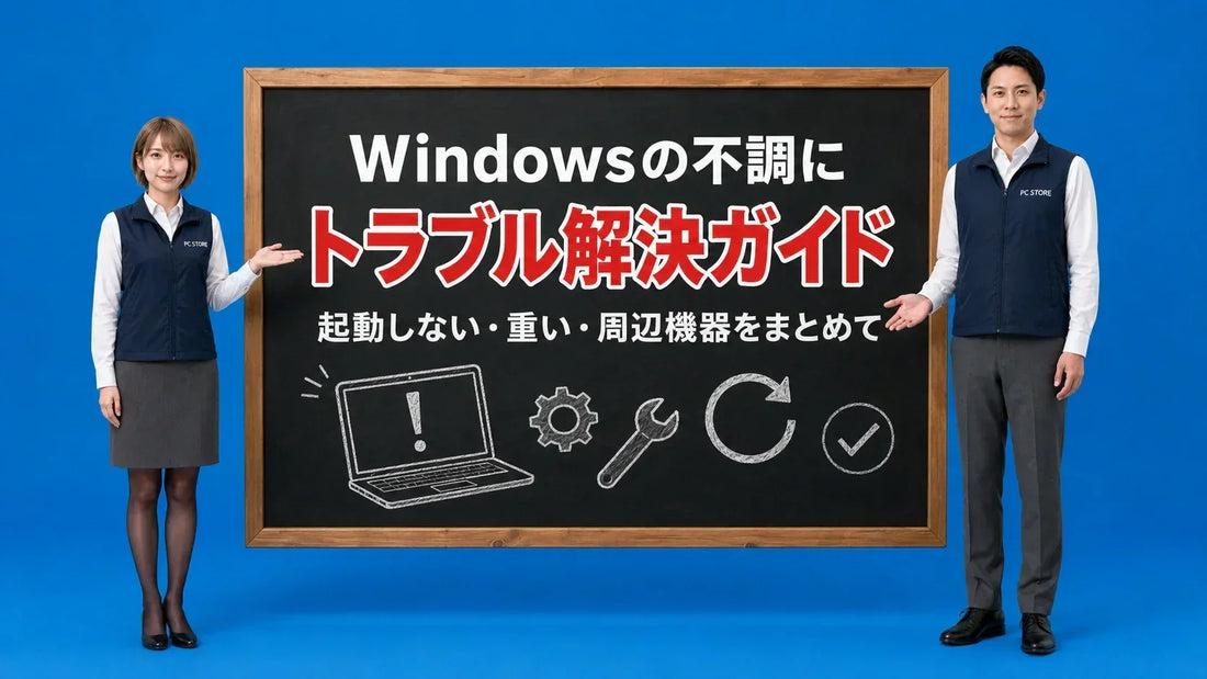 Windowsのトラブル解決の総合ガイドの入口を七海と大介が案内している様子