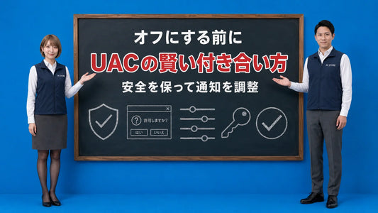 WindowsのUACの役割と安全な通知レベルの調整方法を七海と大介が案内している様子