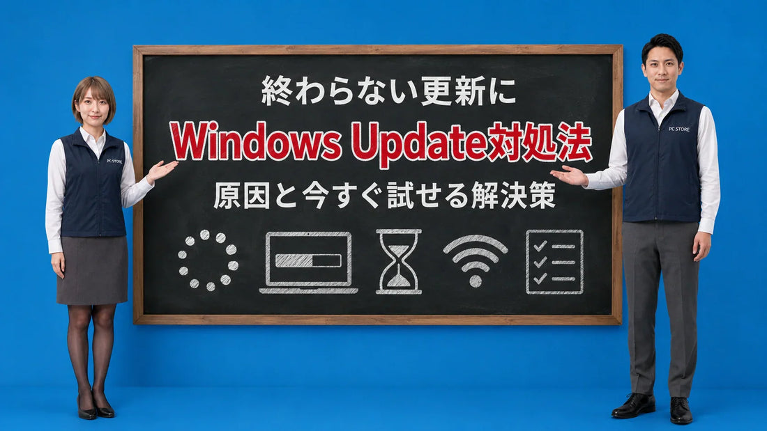 Windows Updateが終わらない時の原因と対処法を七海と大介が案内している様子