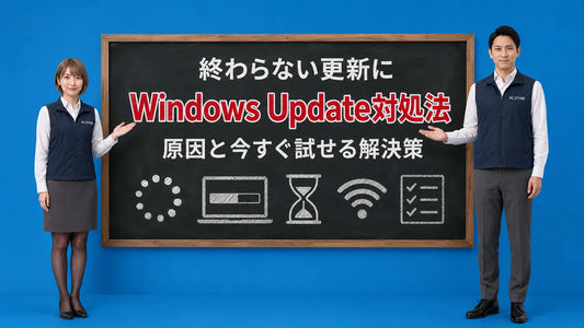 Windows Updateが終わらない時の原因と対処法を七海と大介が案内している様子