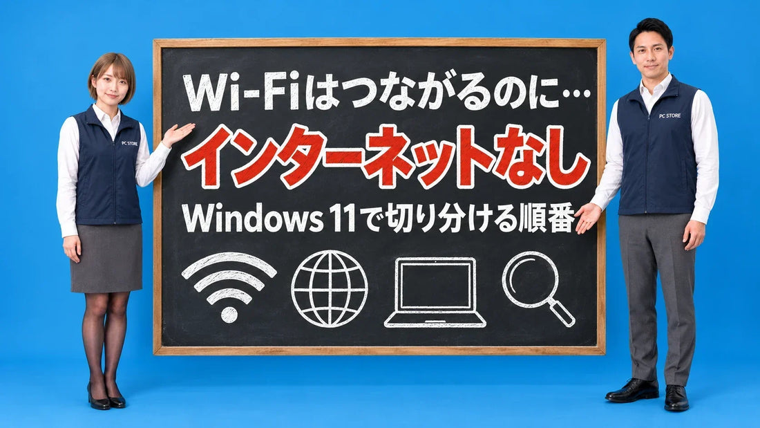 Windows 11でWi-Fiはつながるのにインターネットなしと表示される時の確認について七海と大介が黒板で案内するアイキャッチ画像