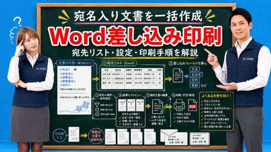 Wordの差し込み印刷で大量文書を効率的に作成する方法を七海と大介が案内しているアイキャッチ画像