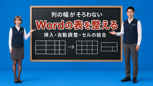 Wordの表の列幅を整える方法を七海と大介が黒板で案内するアイキャッチ画像