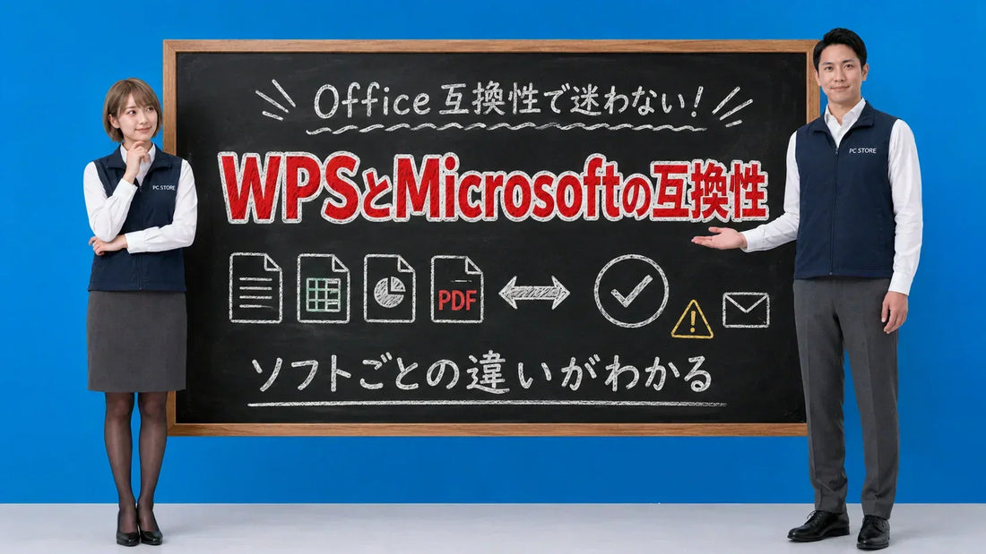 WPS OfficeとMicrosoft Officeの互換性やソフトごとの違いを七海と大介が黒板で解説するPC STOREブログのアイキャッチ画像