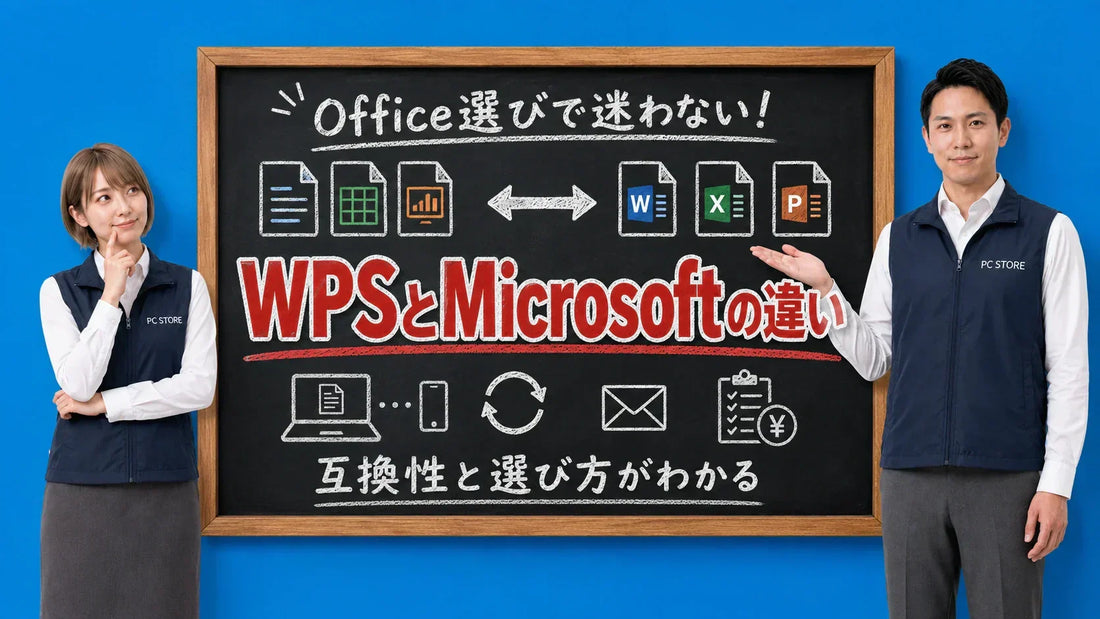 WPS OfficeとMicrosoft Officeの違いや互換性を七海と大介が黒板で解説するPC STOREブログのアイキャッチ画像