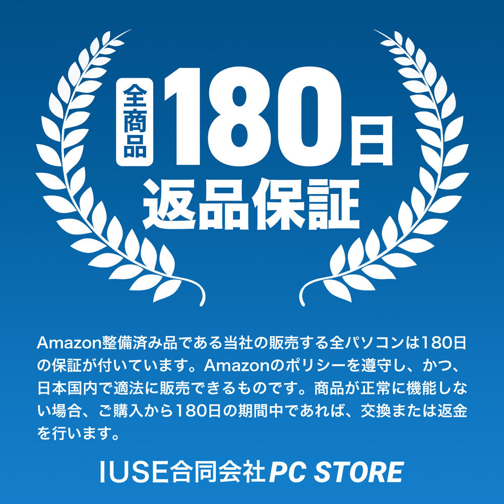 Amazon整備済み品の全パソコンに適用される、安心の180日返品・交換保証を説明した画像