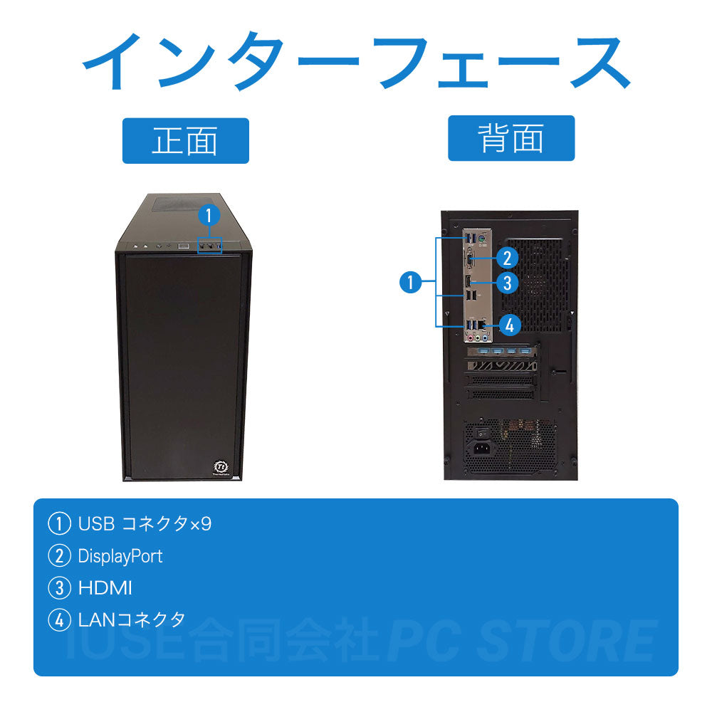 カスタムデスクトップPC の正面と背面のインターフェース一覧