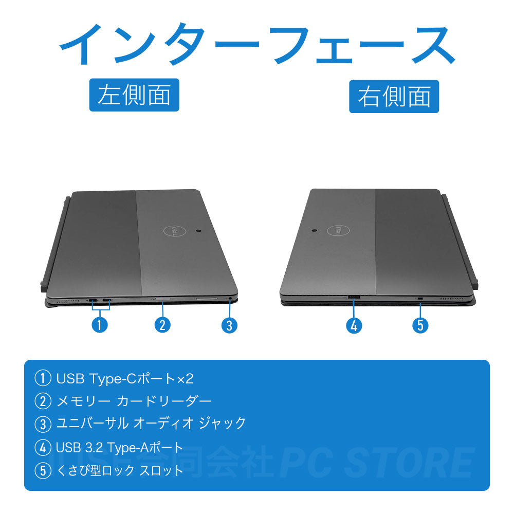 中古 DELL Latitude 7210 2-in-1 側面のインターフェース一覧（PD給電・映像出力対応USB Type-C×2 USB Type-A×1 microSD/SIMトレイ ヘッドフォンマイクジャック）