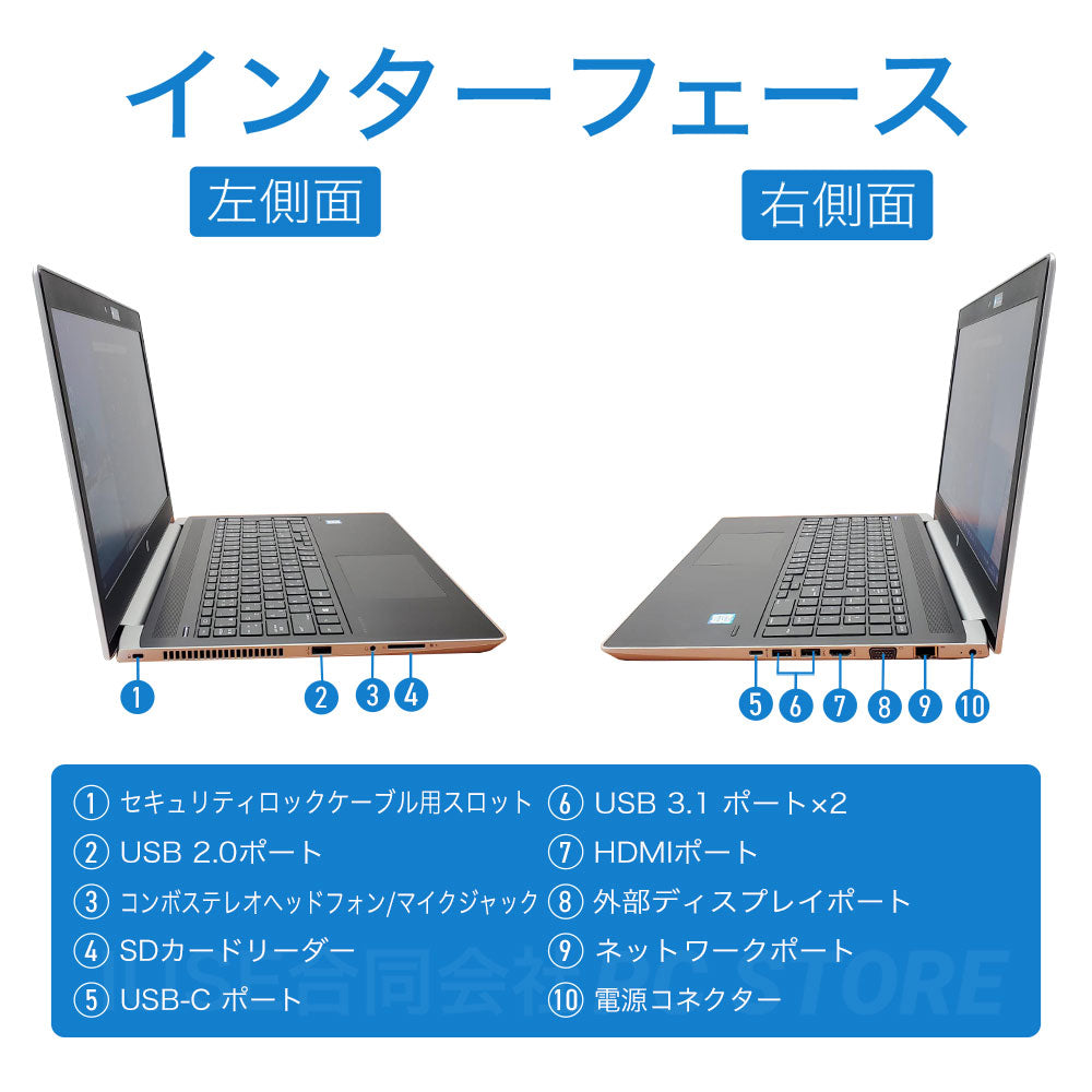 中古 HP ProBook 450 G5 左右側面のインターフェース一覧（USB Type-A×3（うちUSB2.0×1）USB Type-C×1 VGA×1 HDMI×1 有線LAN×1 SDカードスロット ヘッドフォンマイクジャック セキュリティロックスロット）