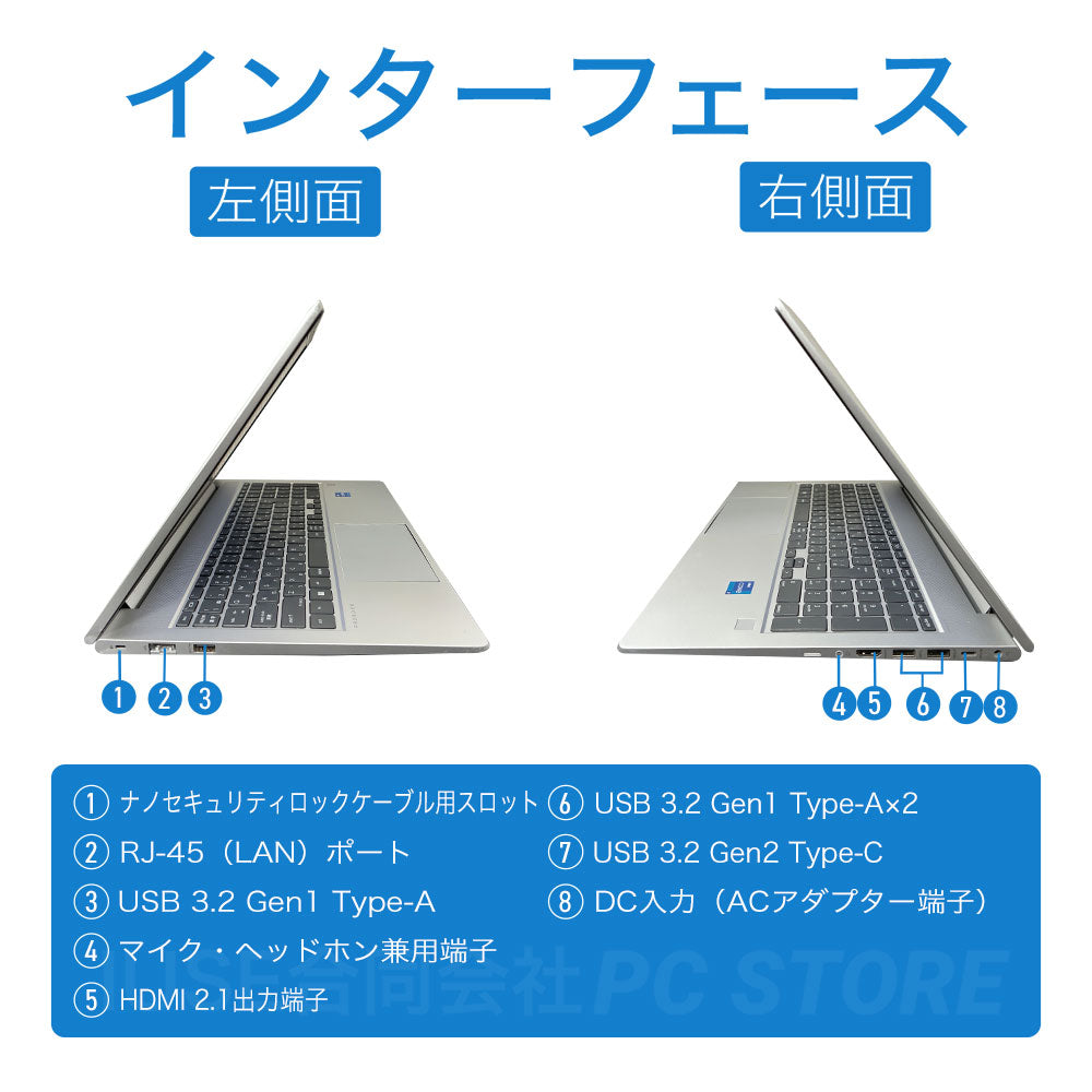 中古美品 HP ProBook 450 G9 左右側面のインターフェース一覧（USB Type-C・USB Type-A×3・HDMI・有線LAN・ヘッドホンマイクジャック）