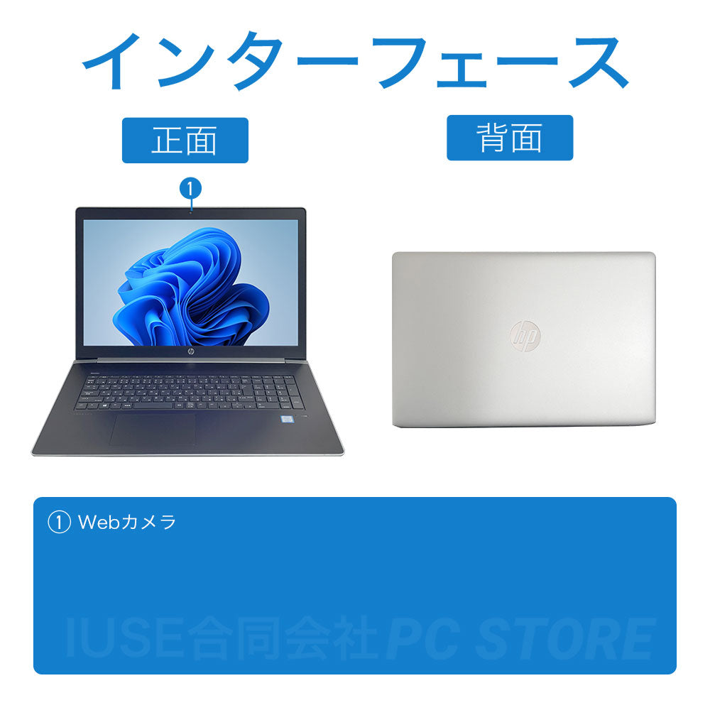 中古美品 HP ProBook 470 G5 正面と背面のインターフェース画像 外部端子構成がわかる画像