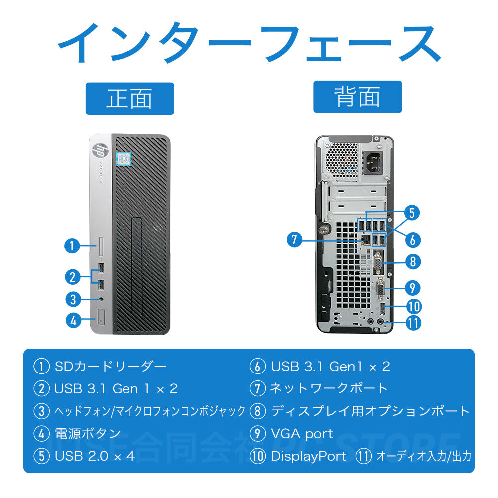 HP ProDesk 400 G5 SFF の正面と背面のインターフェース一覧