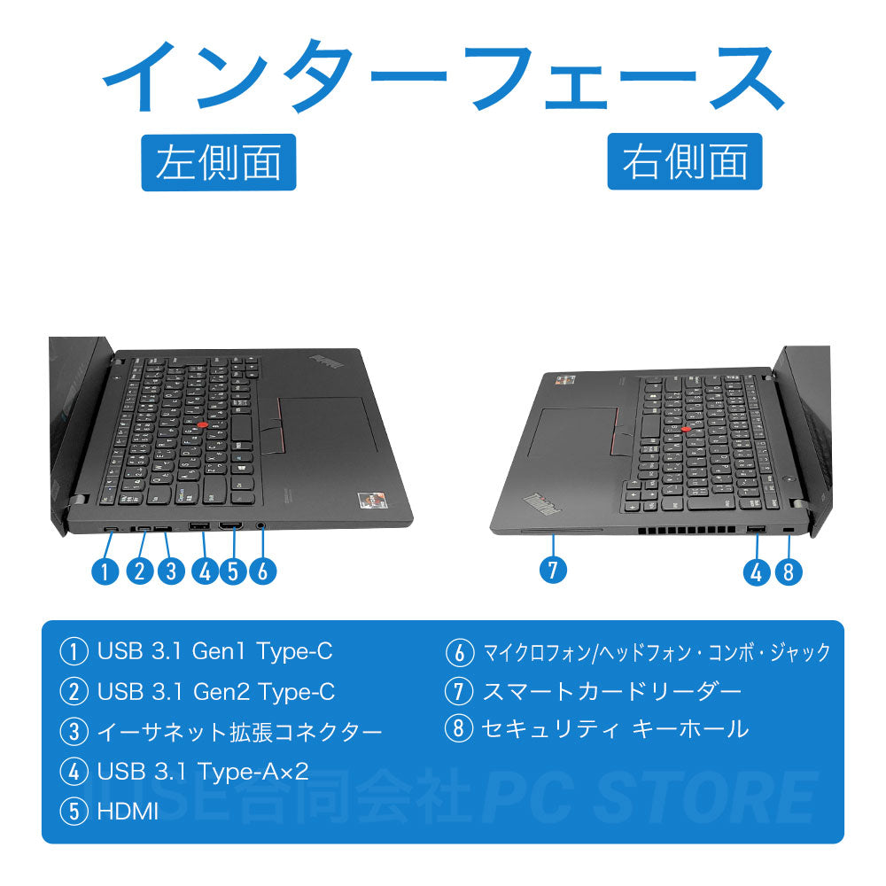 中古 Lenovo ThinkPad X13 Gen 1 左右側面のインターフェース一覧（USB Type-C×2・USB Type-A×2・HDMI・ヘッドセット端子・セキュリティロックスロット）