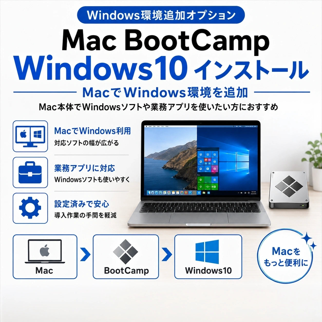 MacにBootCampでWindows10をインストールする設定オプション。Mac本体でWindowsソフトや業務アプリを使いたい方におすすめ。