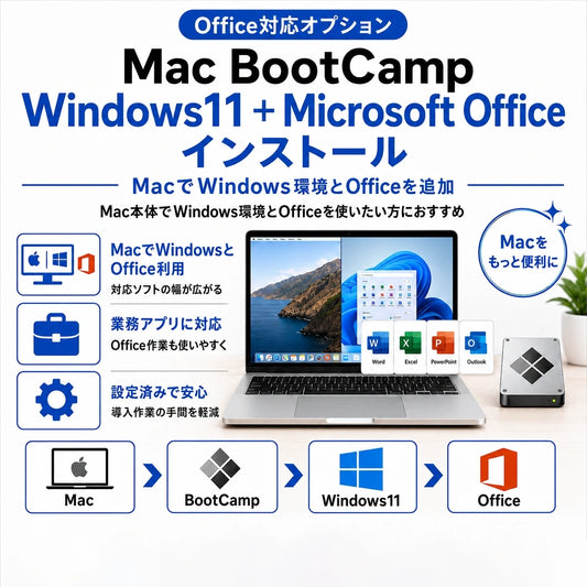 MacにBootCampでWindows11とMicrosoft Officeをインストールする設定オプション。Mac本体でWindows環境とOfficeを使いたい方におすすめ。