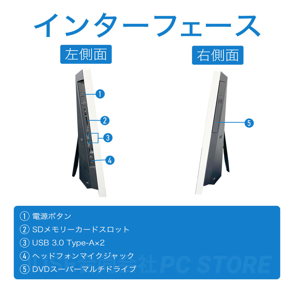 NEC LAVIE Desk All-in-one PC-DA700KAW の左右側面のインターフェース一覧