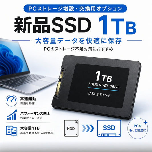新品SSD 1TBの増設・交換用オプション。大容量データの保存やPCのストレージ不足対策に適し、作業環境をより快適にしたい方におすすめ。
