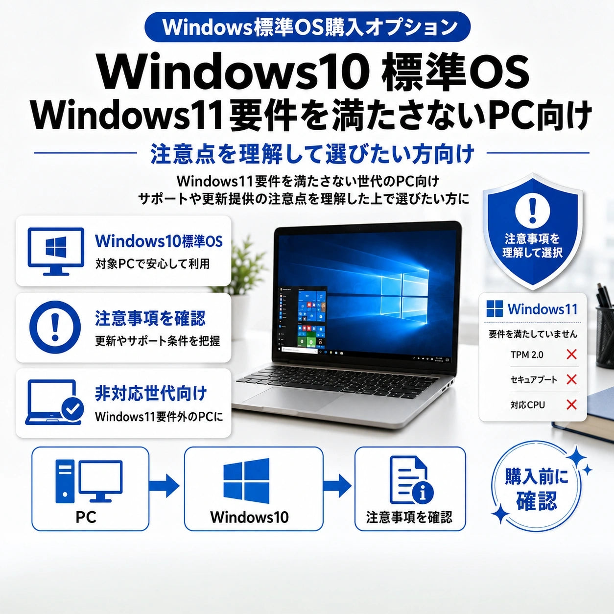 Windows11要件を満たさない世代のPC向けWindows10標準OSオプション。サポートや更新提供の注意点を理解した上で選びたい方に。