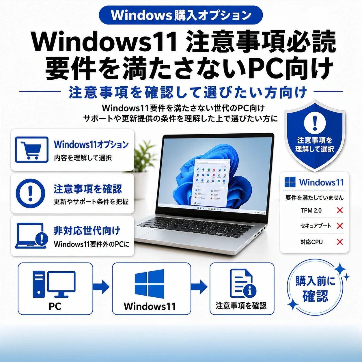 Windows11要件を満たさない世代のPC向け購入オプション。注意事項を必ず確認し、サポートや更新提供の条件を理解した上で選びたい方に。